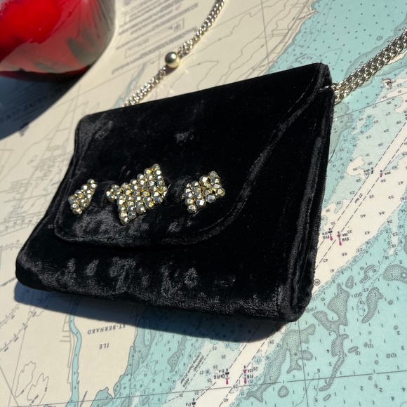 Vintage 90s Black Velvet Studded Evening Purse / Clutch - Picture 1 of 8